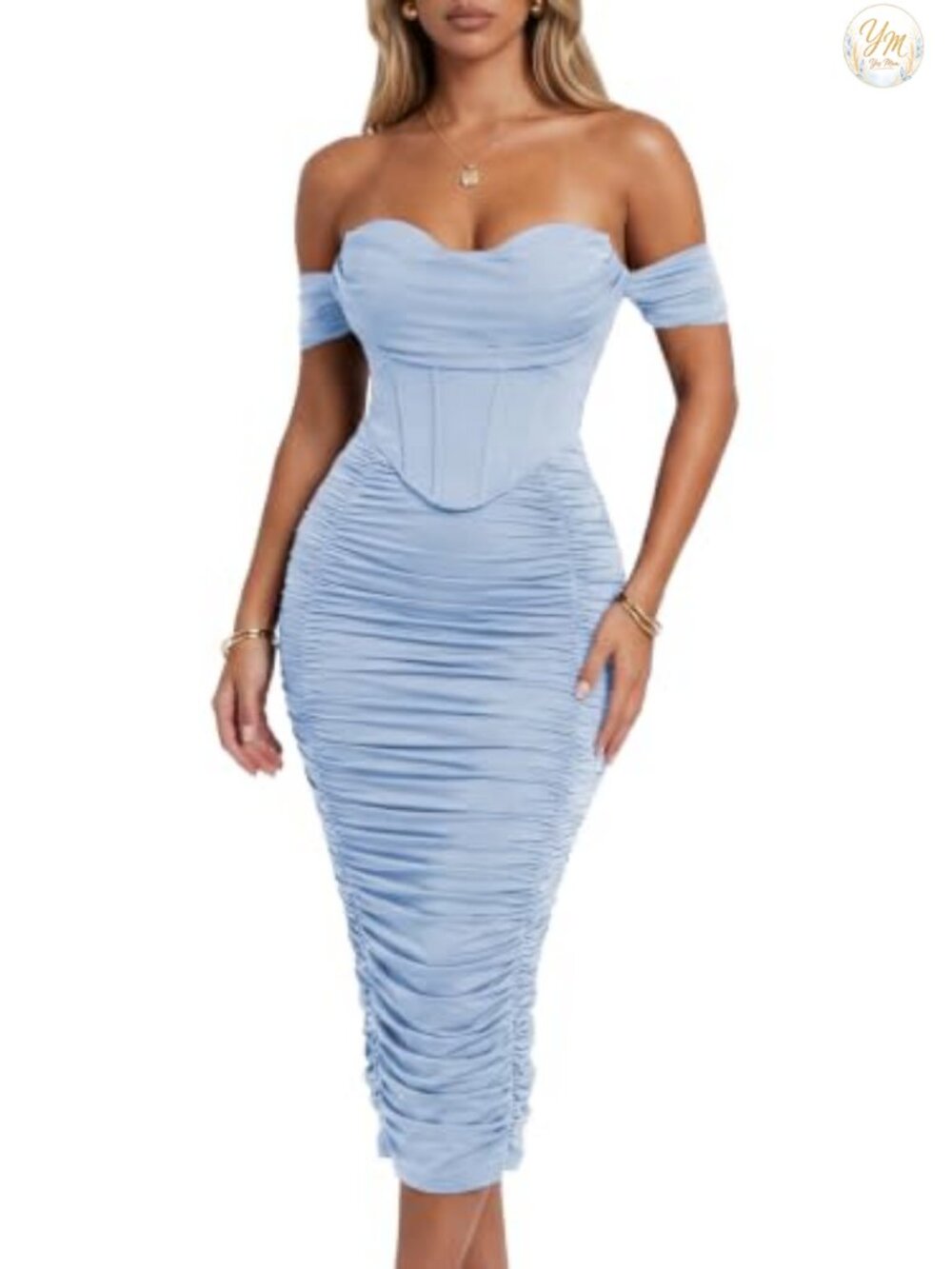 Off Shoulder Faux-Corset Ruched Midi Dress with Built-In Bra